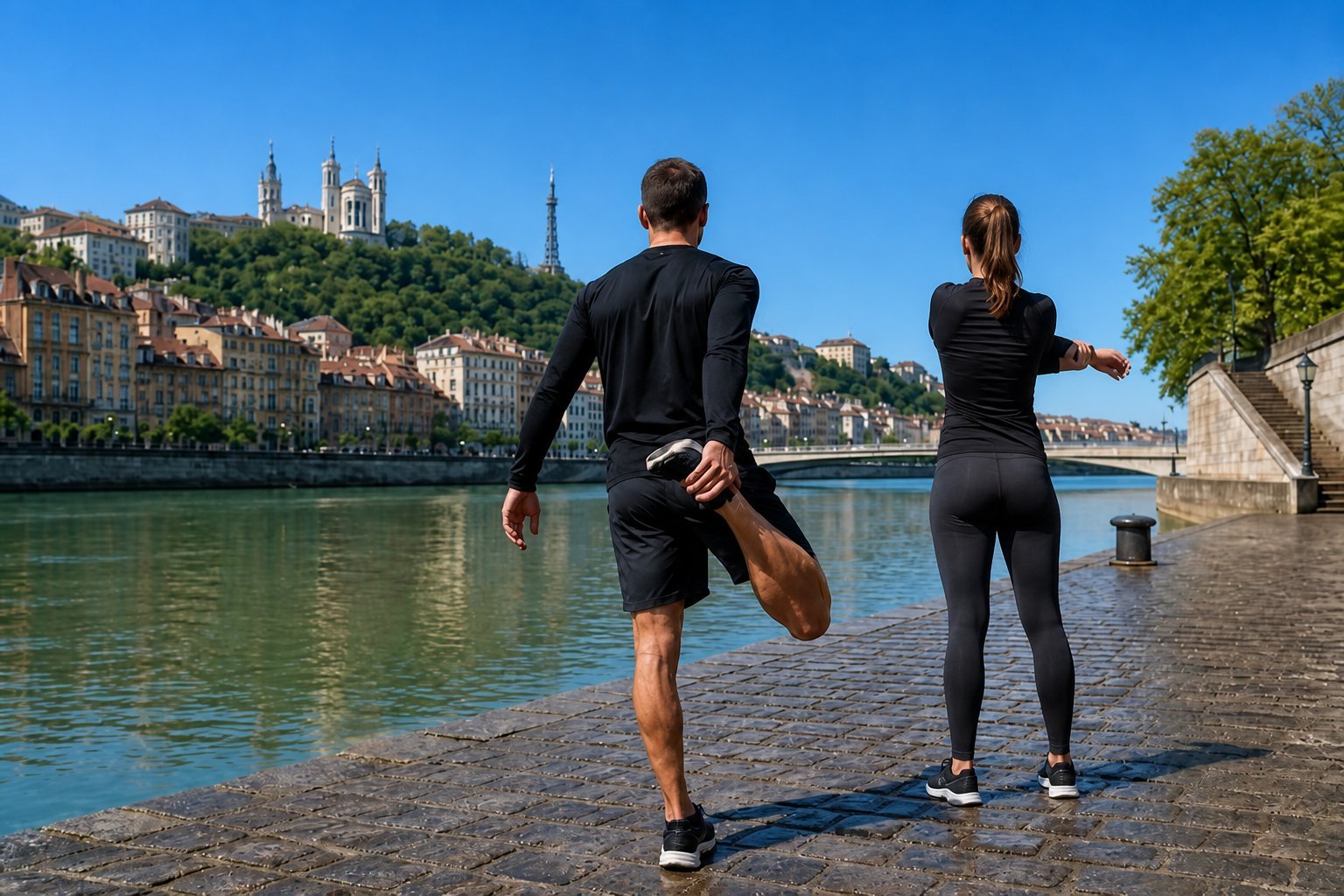 Échauffement à deux au bord des quais à Lyon, en plein jour